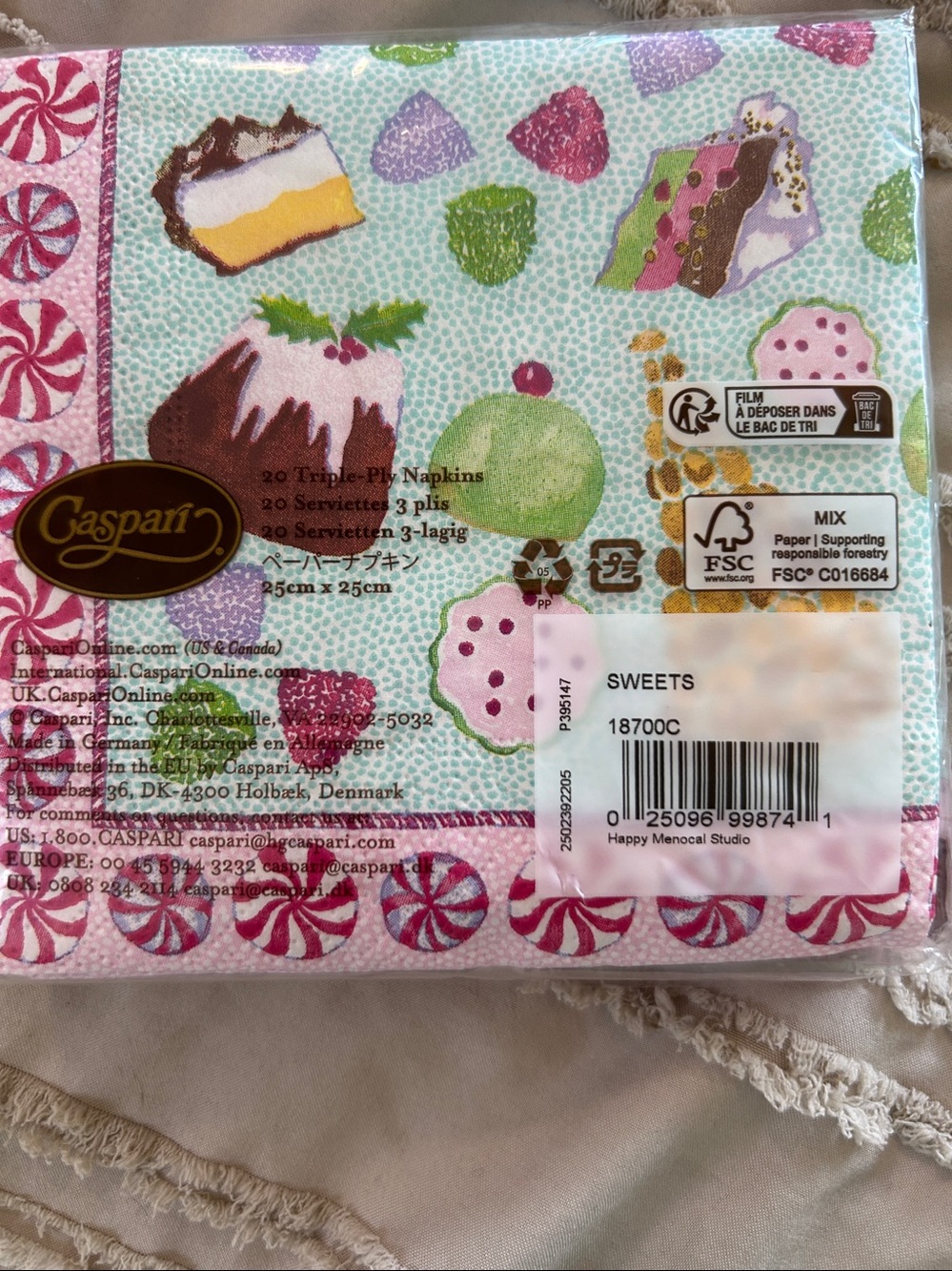 Caspari "Sweets" lot of 2 cocktail napkins - Picture 3 of 3